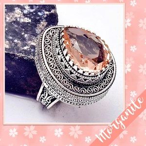 Morganite Ethnic Antique-Style Silver Ring Sz 9 (Light Peach Apricot / Blush)